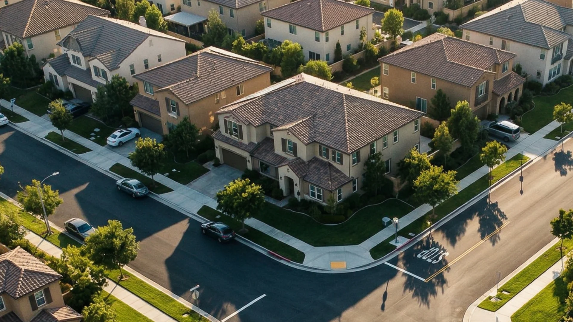 Aerial drone view of a residential property and neighborhood